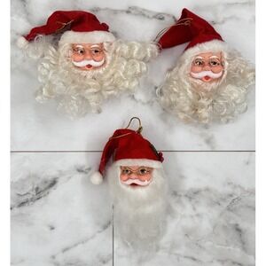 3 Vtg Santa Claus Head Rubber Face Christmas Ornaments Wire Glasses Beard